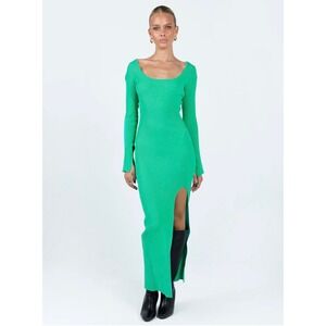 Princess Polly Long Sleeve Ribbed Maxi Sweater Dress Green Hi Slit XS/S Bodycon